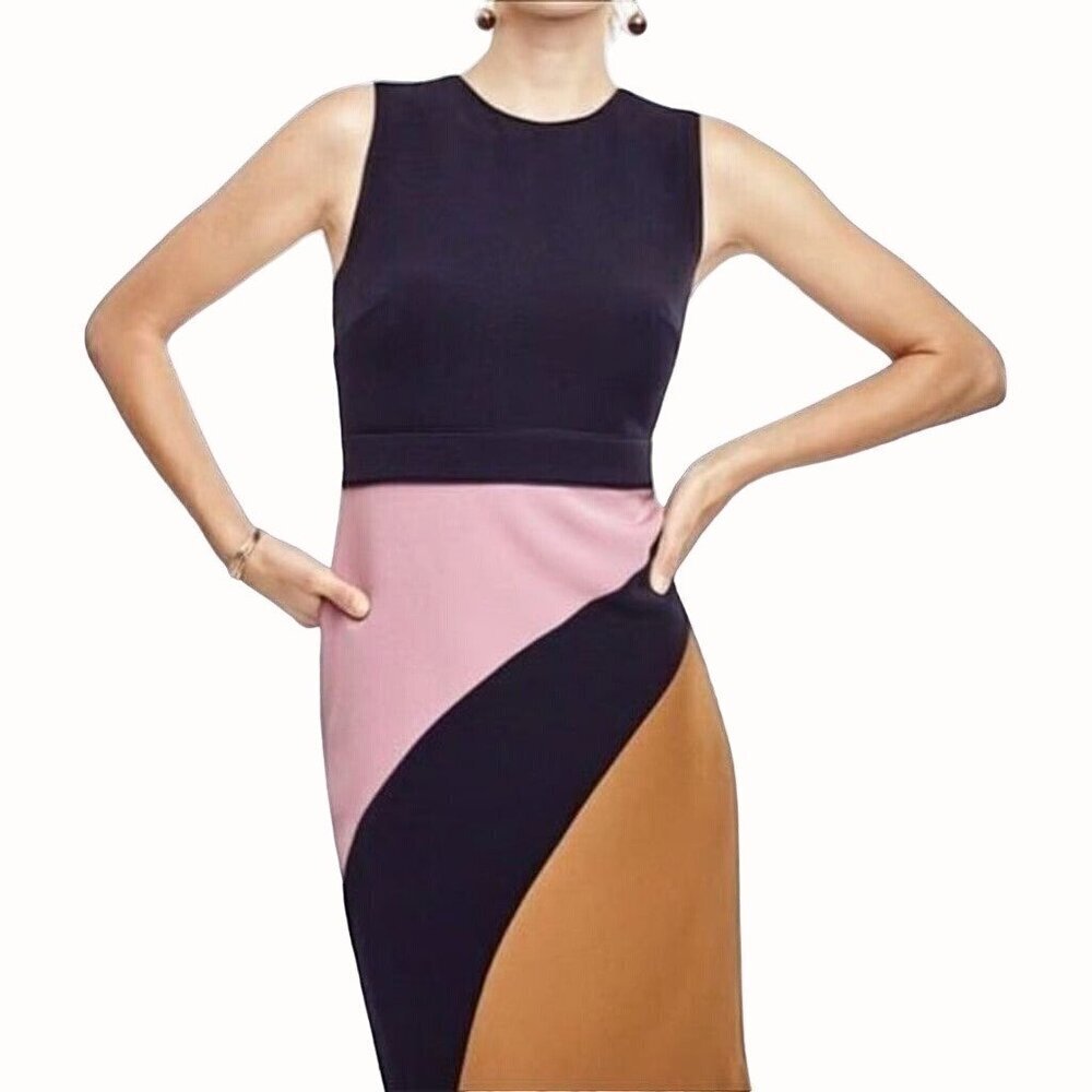 Ann Taylor Midnight Navy Color Block Sleeveless Sheath Midi Dress Back Zip 0
